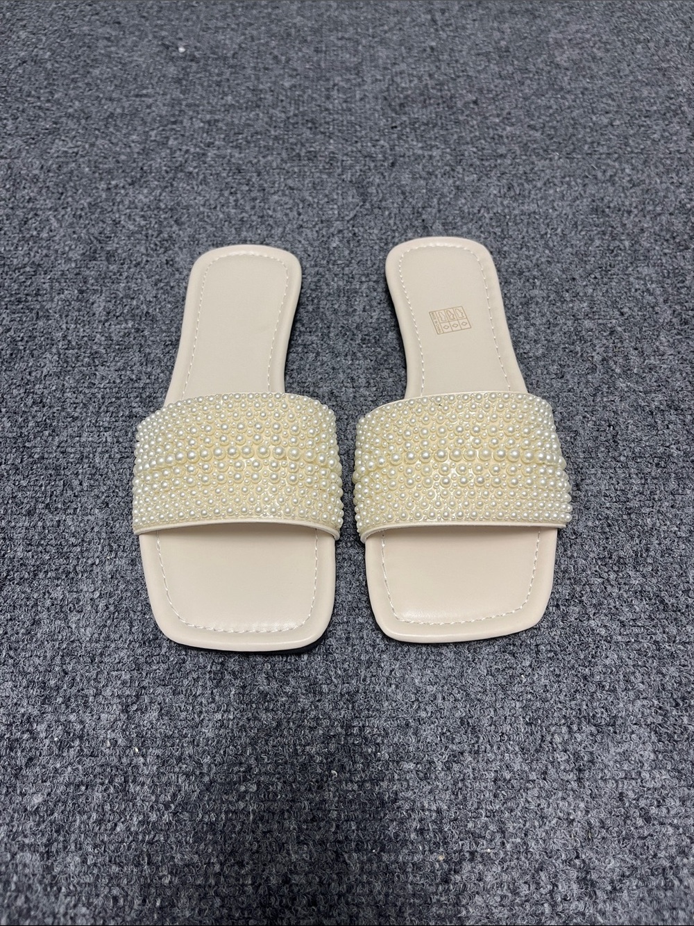 Pearl-Embellished Cream Slide Sandals